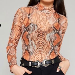 ORANGE SNAKE PRINT MESH BODYSUIT
